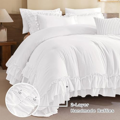 Masaca Ruffle Comforter Full Size,3 Pieces Farmhouse Shabby Boho Chic Bedding Sets Full,Netural White Ruffled Vintage Rustic French Country Bedding Comforter Set for All Season