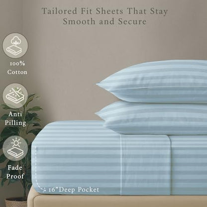 Threadmill 500TC Cotton Full Sheet Set, Damask Stripe, Light Blue, 4-Piece