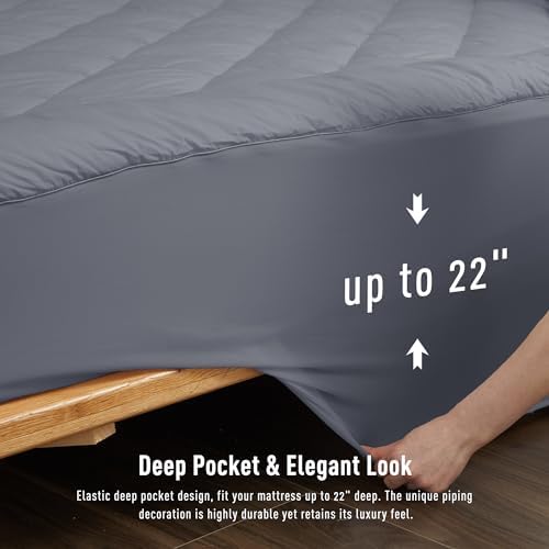 Twin XL Mattress Pad Cotton Quilted Cover, 8-22" Deep Pocket, Gray