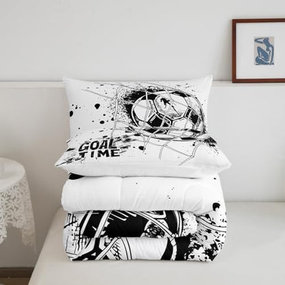 Erosebridal Kids Football Comforter Set King Size American Soccer Bedding Set Sports Games Duvet Sets for Boys Girls Children Teens Geometric Polygon Quilt for Bedroom, Black White