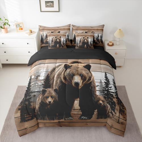 Erosebridal Cute Bear Family Full Comforter Set with Sheets 7 Piece Country Brown Bear Bed in A Bag Wild Hunt Animals Bedding Sets for Women Adults Rustic Wooden Board Cabin Bed Set Farmhouse Decor