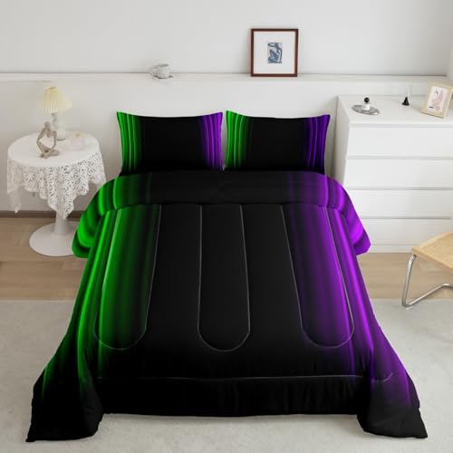 Feelyou Teens Abstract Ombre Decorations Bedding Set for Kids Women Green Purple and Black Comforter Set Geometric Modern Quilt Set Room 3Pcs Queen Size