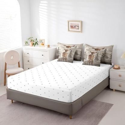 Erosebridal Rustic Elk Deer 7 Piece Bedding Set Queen Jungle Wildlife Sika Deer Comforter Set Vintage Wooden Board Bed in a Bag Watercolor Forest Sheet Set with Comforter Pine Tree Home Decor
