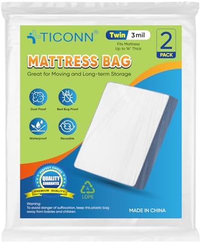 TICONN 2PK Plastic Mattress Bags for Moving, Waterproof Mattress Cover