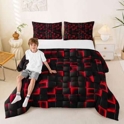 Erosebridal Boys Red and Black Comforter Set King Geometric Checkered Kids Bedding Set Teen Men Gaming Room Decor,Abstract Ombre Plaid Comforter Grids Quilt Duvet