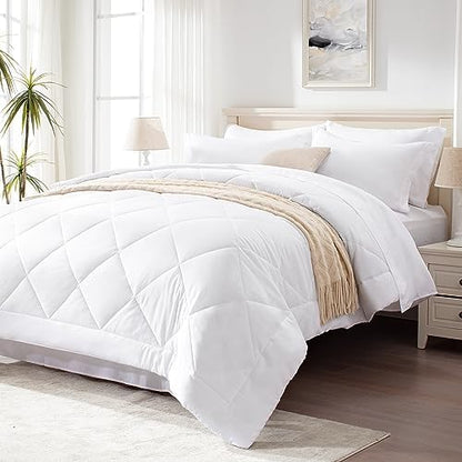 Love's cabin Twin Comforter Set White, 5 Pieces Twin Bed in a Bag, All Season Bedding Sets with 1 Comforter, 1 Flat Sheet, 1 Fitted Sheet, 1 Pillowcase and 1 Pillow Sham