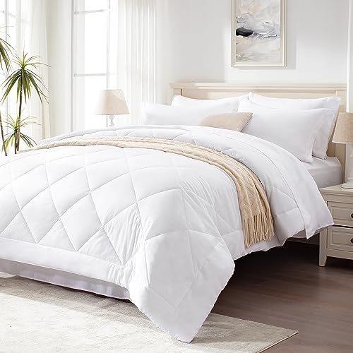 Love's cabin King Size Comforter Set White, 7 Pieces King Bed in a Bag, All Season Bedding Sets with 1 Comforter, 1 Flat Sheet, 1 Fitted Sheet, 2 Pillowcase and 2 Pillow Sham