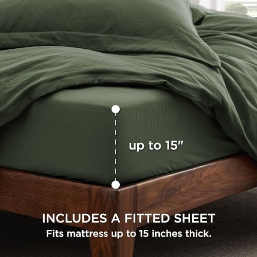 Bedsure Prewashed Duvet Cover Full with Fitted Sheet, 4Pcs, Olive Green