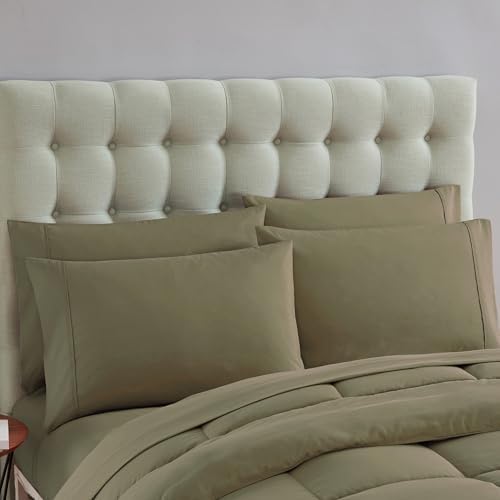 Sweet Home Collection 5 Piece Comforter Set Bag Solid Color All Season Soft Down Alternative Blanket & Luxurious Microfiber Bed Sheets, Sage, Twin