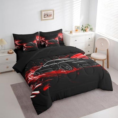 Feelyou Race Car Comforter Set with Sheets Full Size Kids Speed Sports Car 7 Pieces Bedding Set for Boys Girls Teens Racing Car Bed in a Bag Breathable Extreme Sports Bed Set Red Automobile