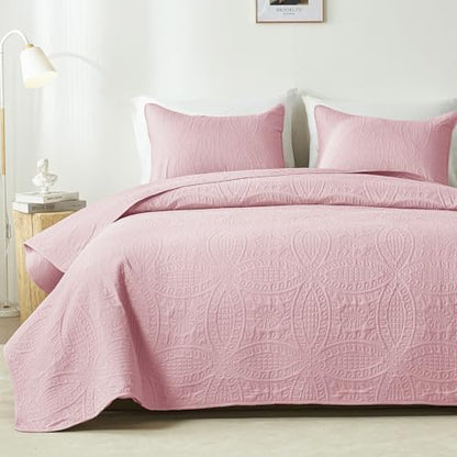akkialla Twin Quilt Set,Pink Lightweight Bedspread with Coin Pattern, Soft Microfiber Coverlet for All Seasons, Elegant Modern Home Style (1 Quilt, 1 Pillow Sham)