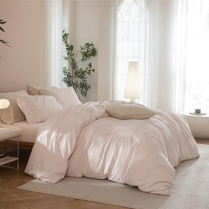 JIYUAN Queen Washed Cotton Duvet Cover Set, 3-Piece, Linen-Like Pinstripe