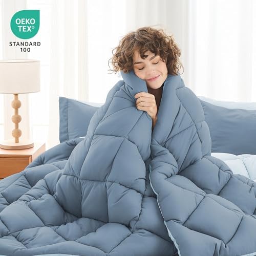 MUXHOMO 7 Pieces Queen Comforter Set, Reversible Bed in a Bag Queen Size, All Season Bedding Set with Comforter, Flat Sheet, Fitted Sheet, Pillowcases & Shams, Mineral Blue & Light Blue