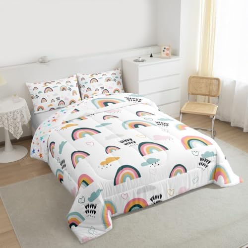 Erosebridal Rainbow Bedding Set for Kids Girls, Pink Love Heart Comforter Set Full Size Cartoon Cloud Geometric Stripes Bedding Comforter for Boys Children Women Watercolor Art Girly Duvet Sets