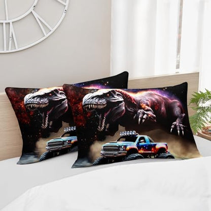 AILONEN Boys Dinosaur and Truck Bedding Set Twin,3D Starry Dinosaur Comforter Set,Monster Truck Comforter Set,Kids Soft Microfiber Bedding Printed Comforter with 2 Pillowcases,3-Piece