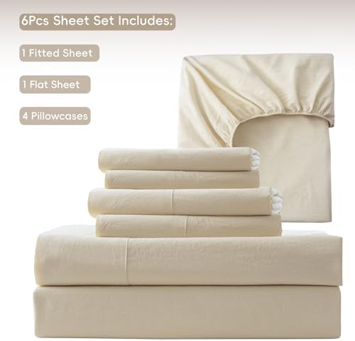 MooMee Sheet Set 100% Washed Cotton Linen-Like Extra Deep Pocket King
