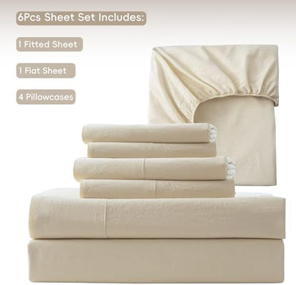 MooMee Sheet Set 100% Washed Cotton Linen-Like Extra Deep Pocket King