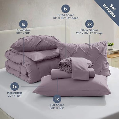 Nestl 9 Piece King Comforter Set – Dusty Purple Pinch Pleated Bed in a Bag – Complete King Size Bedding Set with Sheets, Set of 2 Cooling Pillows, Pillowcases and Shams