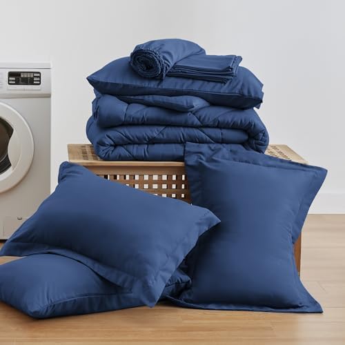 Love's cabin King Size Comforter Set Dark Blue, 7 Pieces King Bed in a Bag, All Season Bedding Sets with 1 Comforter, 1 Flat Sheet, 1 Fitted Sheet, 2 Pillowcase and 2 Pillow Sham