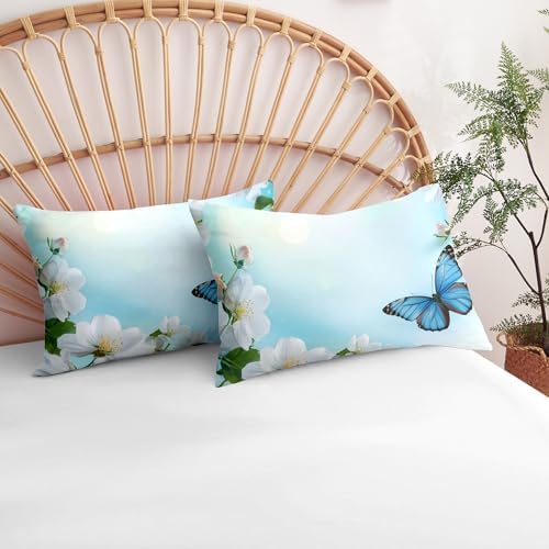 CCoutueChen Butterfly Floral Bedding Set King Size, Country Comforter for Women Blue Botanical Flowers Bedroom Decor, 3 Pcs 2 Pillowcases, 104"x90"