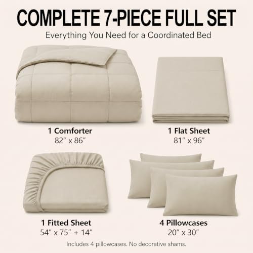 CozyLux Full Size Comforter Sets Oatmeal - 7 Pieces Bed in a Bag
