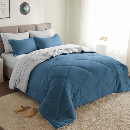 Joiedomi Queen Comforter Set with Sheets Blue, 7 Pieces Queen Bed Set with 1 Down Alternative Comforter, 1 Flat Sheet, 1 Fitted Sheet, 2 Pillowcases and 2 Pillow Shams, Bed in a Bag for All Seasons