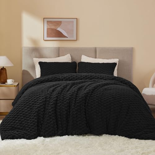 BEDELITE Fluffy Queen Comforter Set, Black Fleece Bed Set 3 Pieces