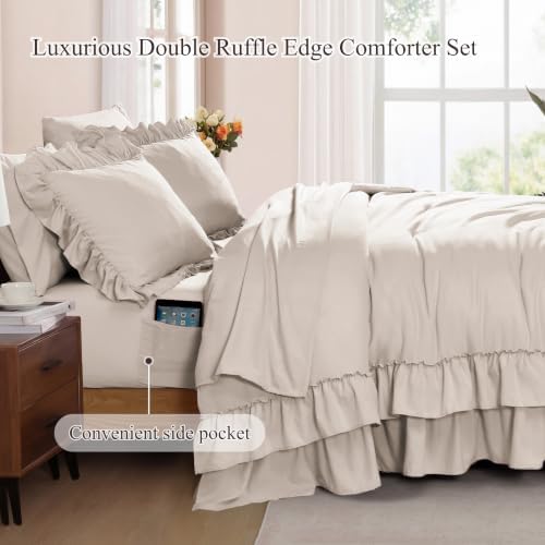 AMBERSPACE Queen Comforter Set Beige Ruffle 7 Pieces Farmhouse Bed in a Bag
