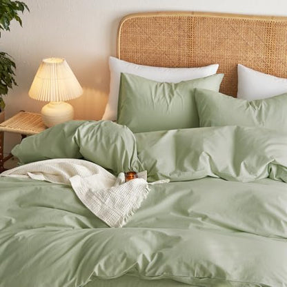 Wake In Cloud - Cotton Duvet Cover Set, 100% Washed Cotton, Linen Like Textured, Breathable Durable Comfy Farmhouse Neutral Bedding Set, 3 Pieces, Sage Green, Twin/Twin XL Size