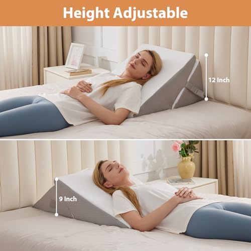 BIEEZZK Wedge Pillow, Adjustable Back Pillow for Sleeping, 9&12“ Bed Wedge Pillow Set for After Surgery, Triangle Memory Foam Pillow Wedges for Headboard, Acid Reflux, Snoring, GERD, White/Grey