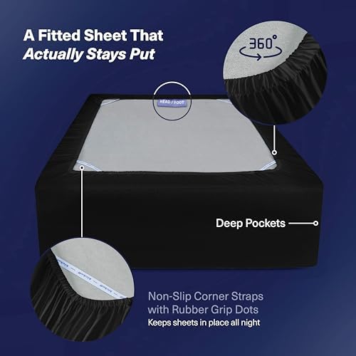 Kickoff Viscose Bamboo Sheets Queen Size 4-pc 100% Organic Bamboo Viscose Bed Cooling Sheets Queen Size Set Cool Bedding for hot Sleepers Sheet Set - Gift Ready Packaging (Black, Q)