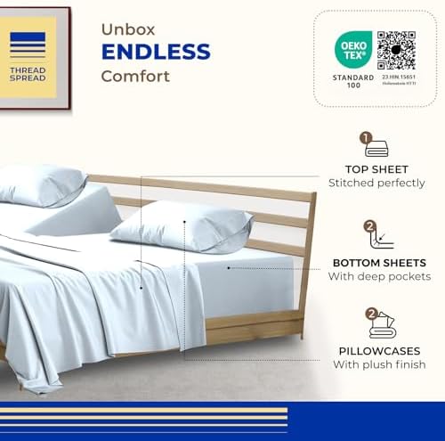 THREAD SPREAD Split King Sheet Set, Luxury 1000 Series Paradise Collection 100% Egyptian Cotton Split King Sheets Sets for Adjustable Bed (5 PC, Light Blue), Soft, 16" Deep Pocket Hotel Sheets