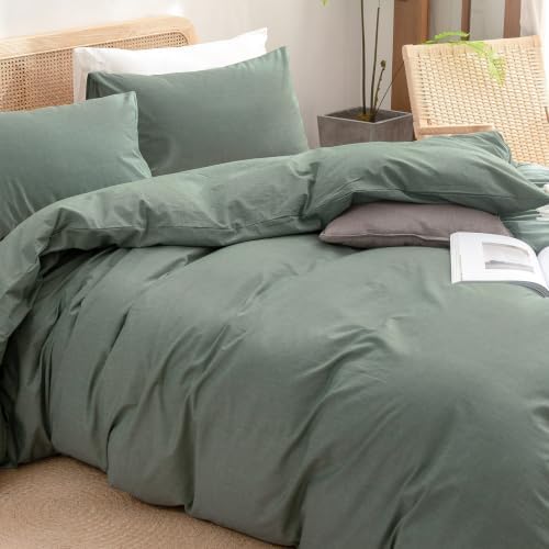 BESTOUCH Cotton Solid Duvet Cover Set Linen Feel Green California King