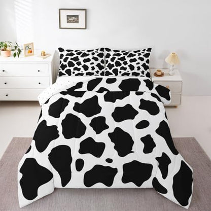jejeloiu Cow Fur Print Bedding Set Soft for Boys Girls, Animal Skin Comforter Set Queen Size Cowhide Duvet Quilt Microfiber Bedroom Decor 3 Pcs with 2 Pillow Cases
