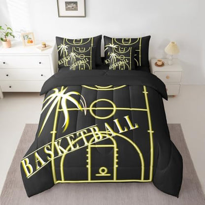 Sport Bedding Full Size 7-Piece Basketball Comforter Set for Boys, Black Yellow Bedding Comforter Sets Gold Gradient Neon Bed in a Bag, Sports Themed Bedding Accessories Breathable (Black Reversible)