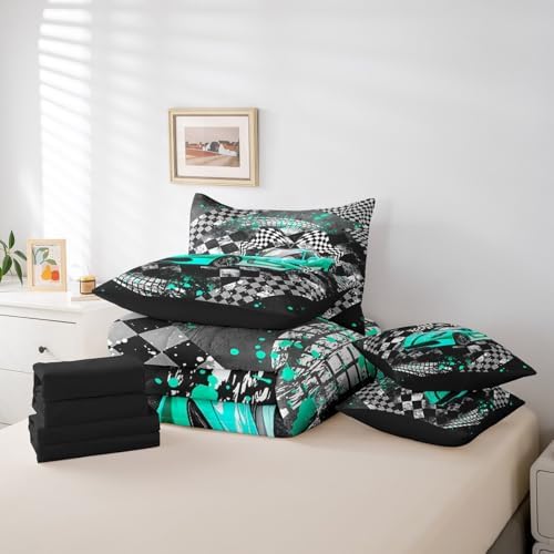 Castle Fairy Racing Car Comforter Set Bed in a Bag 7 Pieces Twin,Boys Men Speed Sport Bedding Set,Vintage Abstract Geometric Track (Comforter+Fitted+Flat Sheet+2 Pillowcases+2 Throw Pillow Covers)
