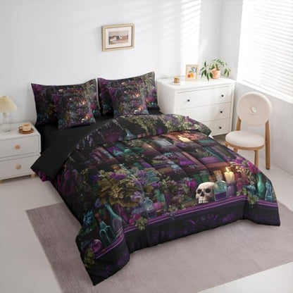 Erosebridal Gothic Skull 7 Piece Bedding Set King Vintage Witchy Comforter Set with Sheets Spooky Magic Bookshelf Bed in a Bag Black Retro Wizard Mysterious Cool Bed Sets Comforter