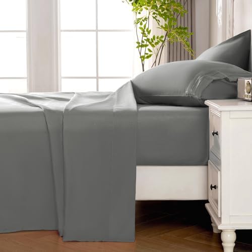 ROSE&RISY Light Grey Twin Sheet Set, 3 Pieces Soft Bedding Queen Sheet Set, Breathable and Cooling, Includes 1 Fitted Sheet, 1 Flat Sheet, 1 Pillowcase - Deep Pocket (Light Grey, Twin)
