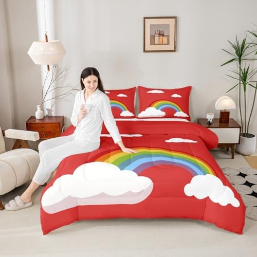 Girls Rainbow Twin Size Comforter Set,Kids Red Background Decor All Season Bedding Set,Teens Colorful Stripes Comforter,Children Fairy Tale Decor Quilt Set Bedroom Collection 2Pcs