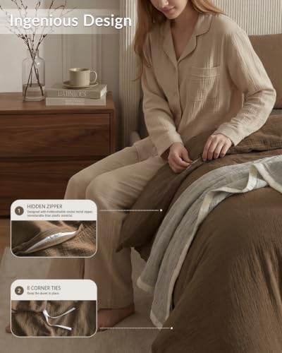 SE SOFTEXLY Muslin Duvet Cover Queen Size, 100% Washed Cotton Duvet Cover Set, Ultra Soft Comforter Cover Linen Like, 3 Pieces Minimalist Gauze Duvet Cover with 2 Pillowcases, 80"x90", Dark Brown