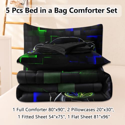 5 Pcs Car Comforter Sets for Boys, Cool Blue Green Race Car Full Size Car Bedding Set for Boys Teens