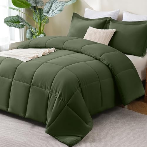 CozyLux Oversized Queen Comforter Set, 3-Piece Box-Stitched, Olive Green