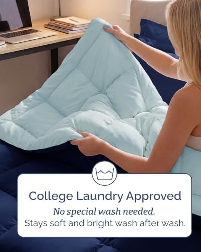 Twin XL Comforter Set - 5 Pc Reversible Bed in a Bag - Navy Blue/Sky Blue