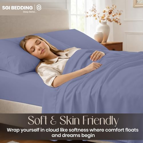 SGI bedding 100% Egyptian Cotton Sheets Full Size – Cooling Sheets, Soft Breathable Mediterranean Blue Bedding, Luxury Bedding, Luxury Hotel Sheet Set, Deep Pocket 16", 4 Piece Set