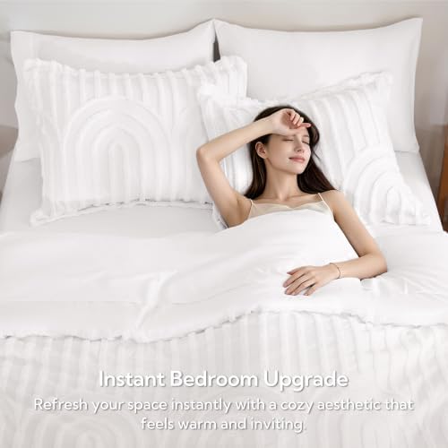 MR&HM Boho Comforter Set King 7pcs, White Western Arch Tufted Bedding Set