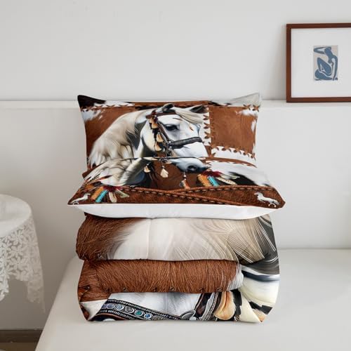 Cow Print Bedding Set - Brown Cowhide Comforter, Duvet Insert & Quilt - Rustic Western Horse Galloping Style - Full Size