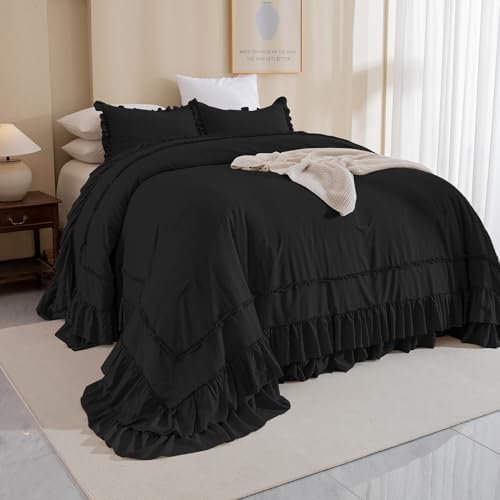 Masaca Oversized King Comforter Set 120x120,Farmhouse Shabby Boho Chic Black Ruffle California King Comforter Oversized French Country Rustic Bedding 3PCS (1 Ruffled Comforter+2 Pillow Shams)