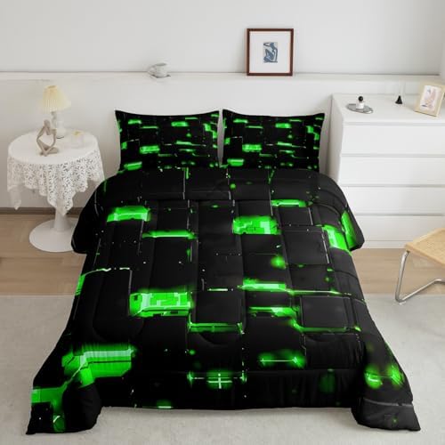 Feelyou Black Green Square Ombre Comforter Set King Size Kids 3D Rendering Abstract Art Comforter for Boys Girls Teens Modern Fashion Bedding Set Stripes Duvet Set Room Decor