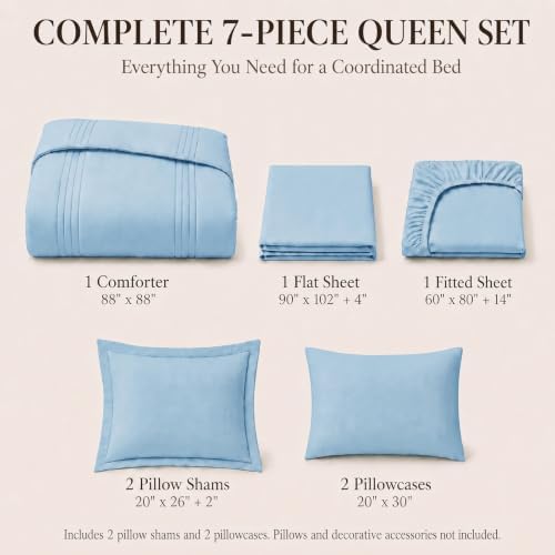 CozyLux Queen Comforter Set Baby Blue - 7 Pieces Bed in a Bag