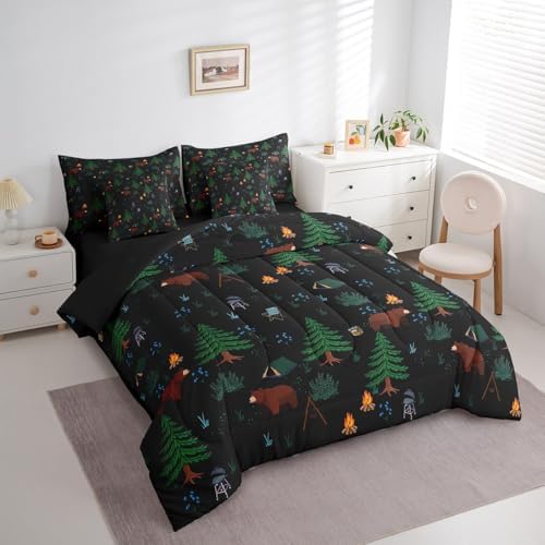 Erosebridal Hunting Bear 7 Piece Comforter Set Twin Bed in a Bag,Happy Camping Bedding Set for Kids,Camper Theme Down Comforter,Pine Tree Woodland Sheet Set,Wild Animals Quilt Bedroom Decor,Black